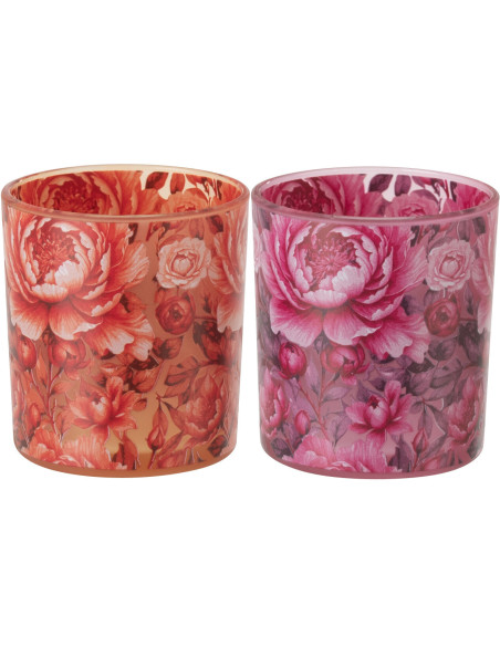 Lot de 2 Photophores shabby chic Verre Orange Rose Motif fleurs Rosaria 