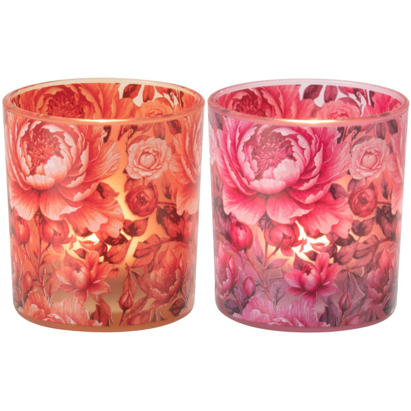 Lot de 2 Photophores shabby chic Verre Orange Rose Motif fleurs Rosaria 