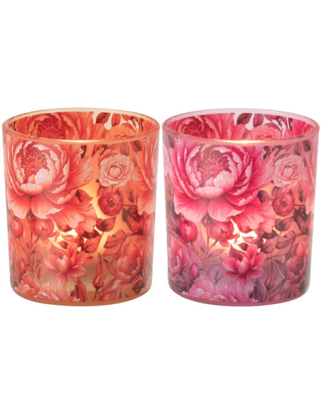 Lot de 2 Photophores shabby chic Verre Orange Rose Motif fleurs Rosaria 