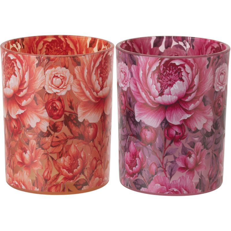 Lot de 2 Photophores shabby chic Verre Orange Rose Motif fleurs Rosaria 