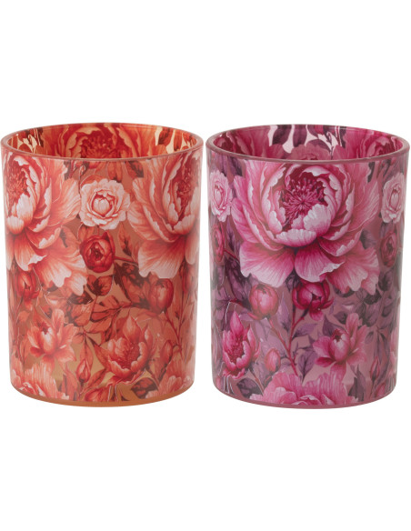 Lot de 2 Photophores shabby chic Verre Orange Rose Motif fleurs Rosaria 