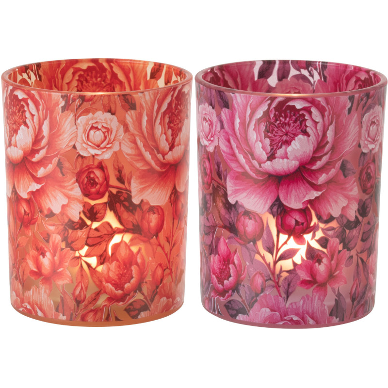 Lot de 2 Photophores shabby chic Verre Orange Rose Motif fleurs Rosaria 