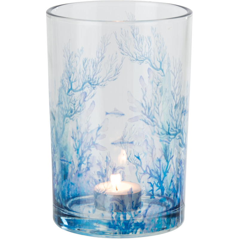 Grand Photophore bord de mer Verre Transparent Bleu Motif corail Coraly 