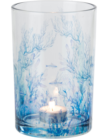 Grand Photophore bord de mer Verre Transparent Bleu Motif corail Coraly 