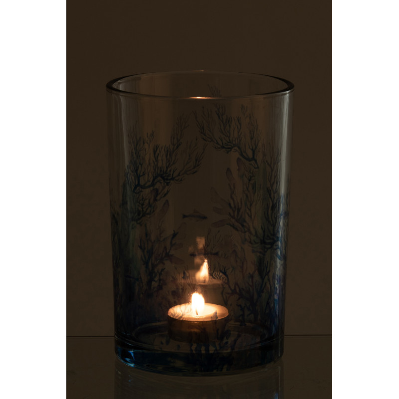 Grand Photophore bord de mer Verre Transparent Bleu Motif corail Coraly 