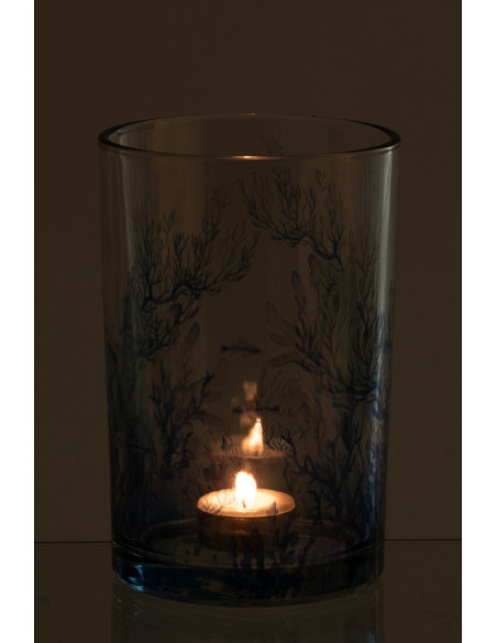 Grand Photophore bord de mer Verre Transparent Bleu Motif corail Coraly 