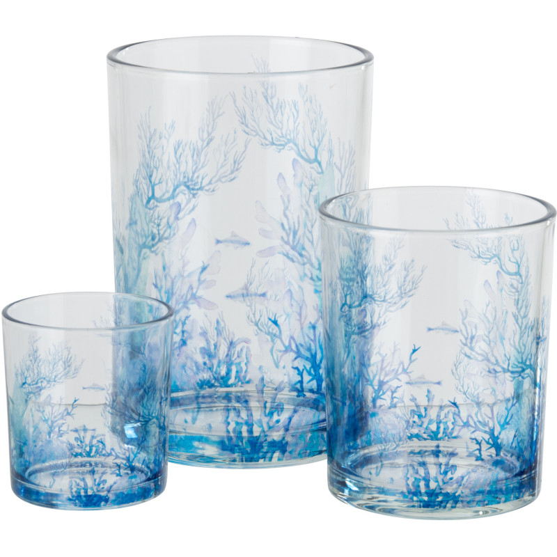 Grand Photophore bord de mer Verre Transparent Bleu Motif corail Coraly 