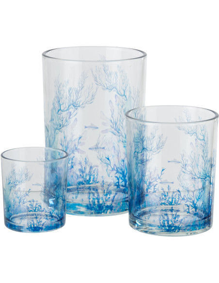 Grand Photophore bord de mer Verre Transparent Bleu Motif corail Coraly 