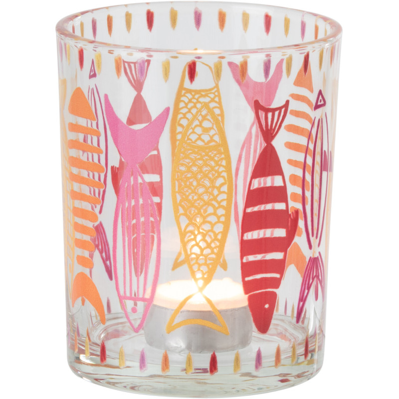 Photophore bord de mer Verre Orange Rose Motif poissons Néréis 