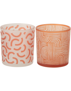 Lot de 2 Photophores art déco Verre Orange Blanc Motif graphique Oralya 