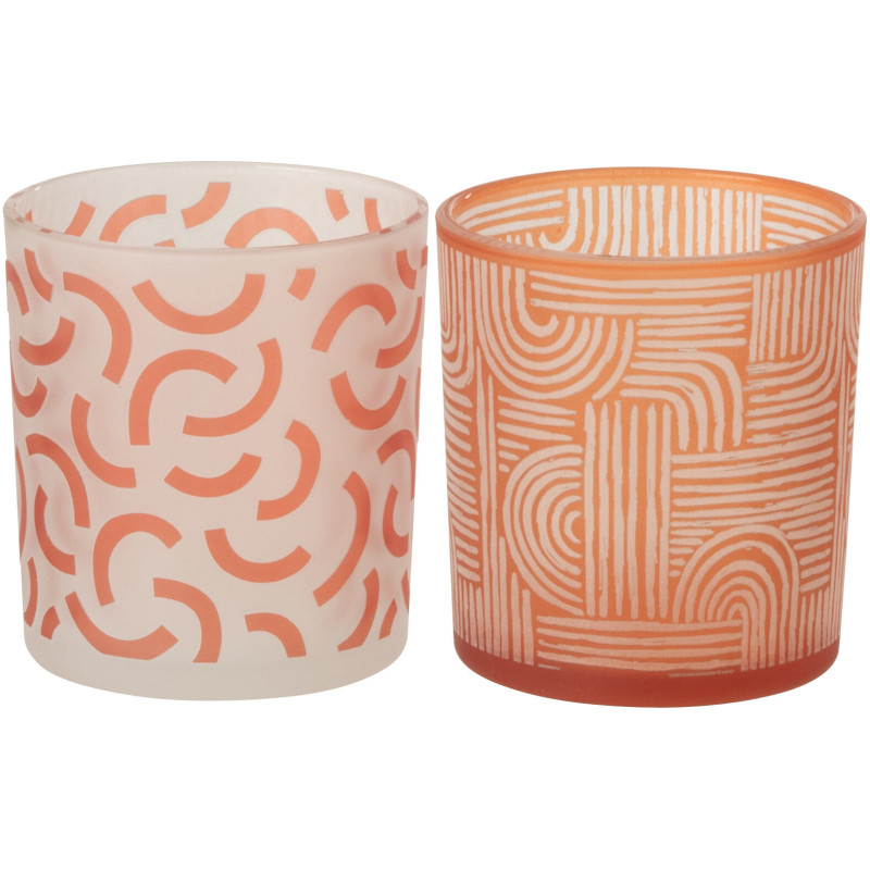 Lot de 2 Photophores art déco Verre Orange Blanc Motif graphique Oralya 
