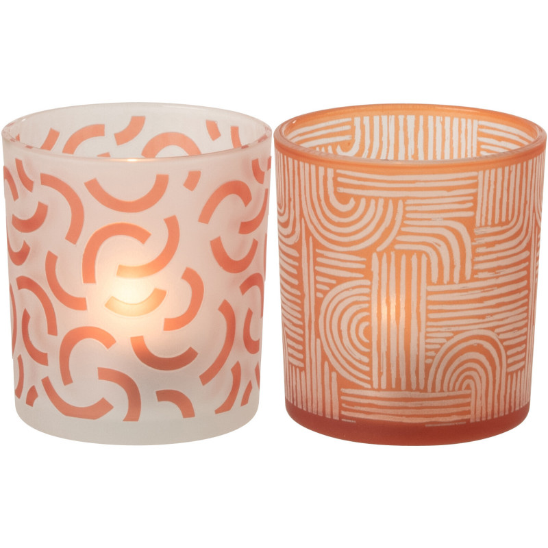 Lot de 2 Photophores art déco Verre Orange Blanc Motif graphique Oralya 