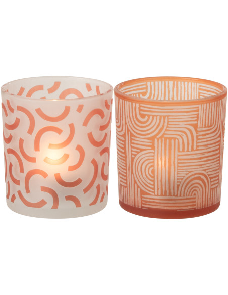 Lot de 2 Photophores art déco Verre Orange Blanc Motif graphique Oralya 