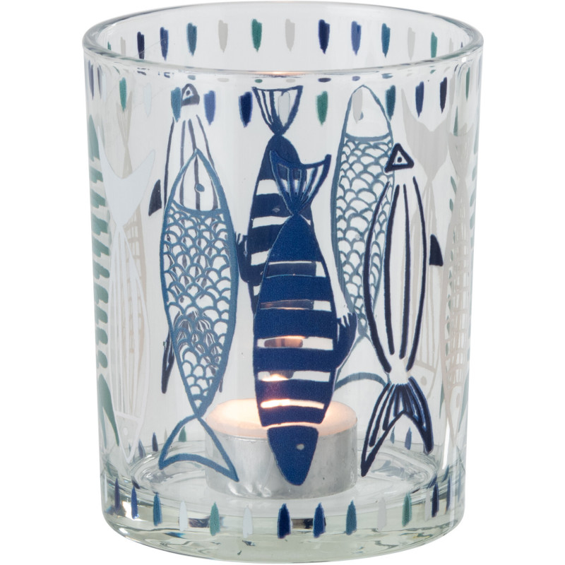 Photophore bord de mer Verre Blanc Bleu Motif poissons Néréis 