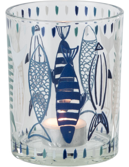 Photophore bord de mer Verre Blanc Bleu Motif poissons Néréis 