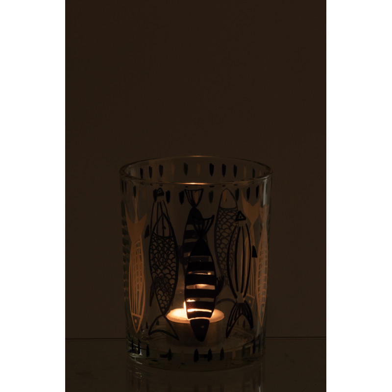 Photophore bord de mer Verre Blanc Bleu Motif poissons Néréis 