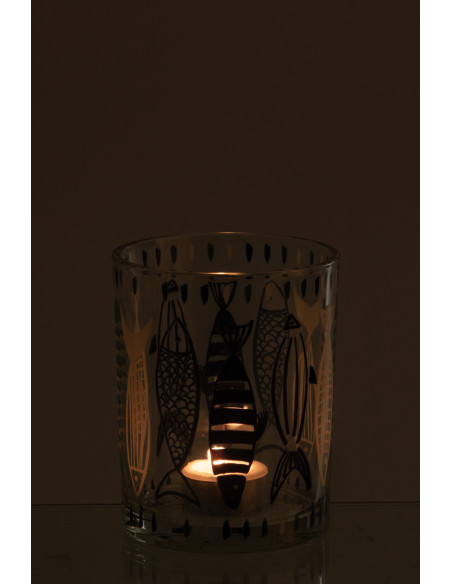 Photophore bord de mer Verre Blanc Bleu Motif poissons Néréis 