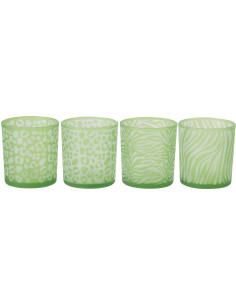 Lot de 4 Photophore style africain Verre Vert Imprimé animaux Savannya 