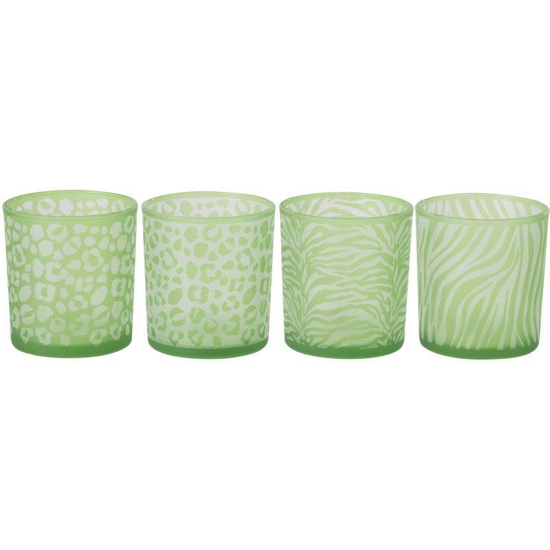 Lot de 4 Photophore style africain Verre Vert Imprimé animaux Savannya 