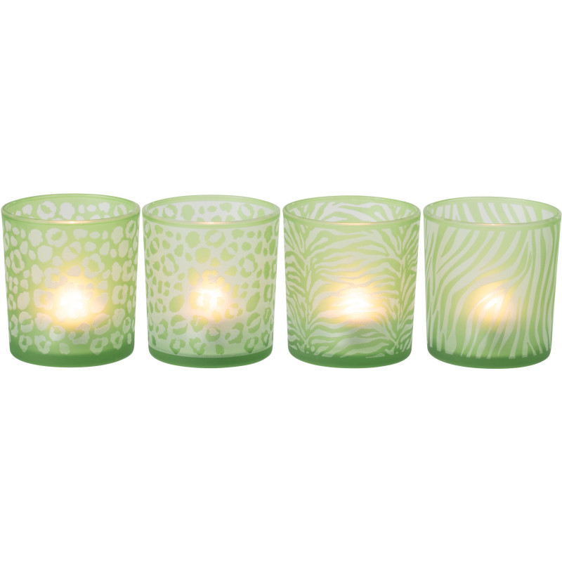 Lot de 4 Photophore style africain Verre Vert Imprimé animaux Savannya 