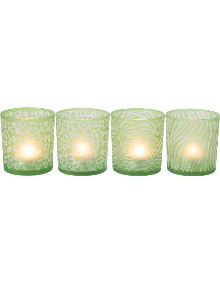 Lot de 4 Photophore style africain Verre Vert Imprimé animaux Savannya 