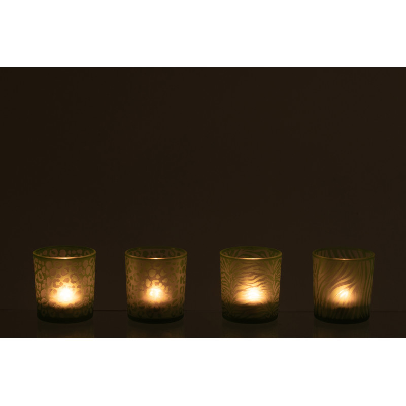 Lot de 4 Photophore style africain Verre Vert Imprimé animaux Savannya 