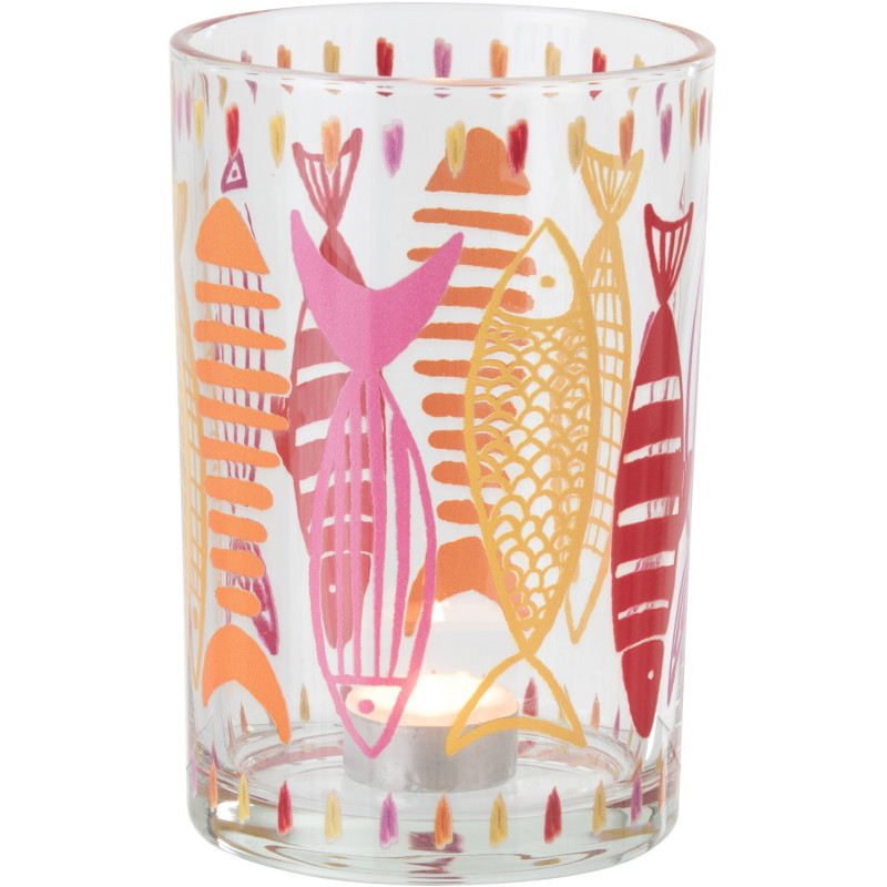 Grand Photophore bord de mer Verre Orange Rose Motif poissons Néréis 