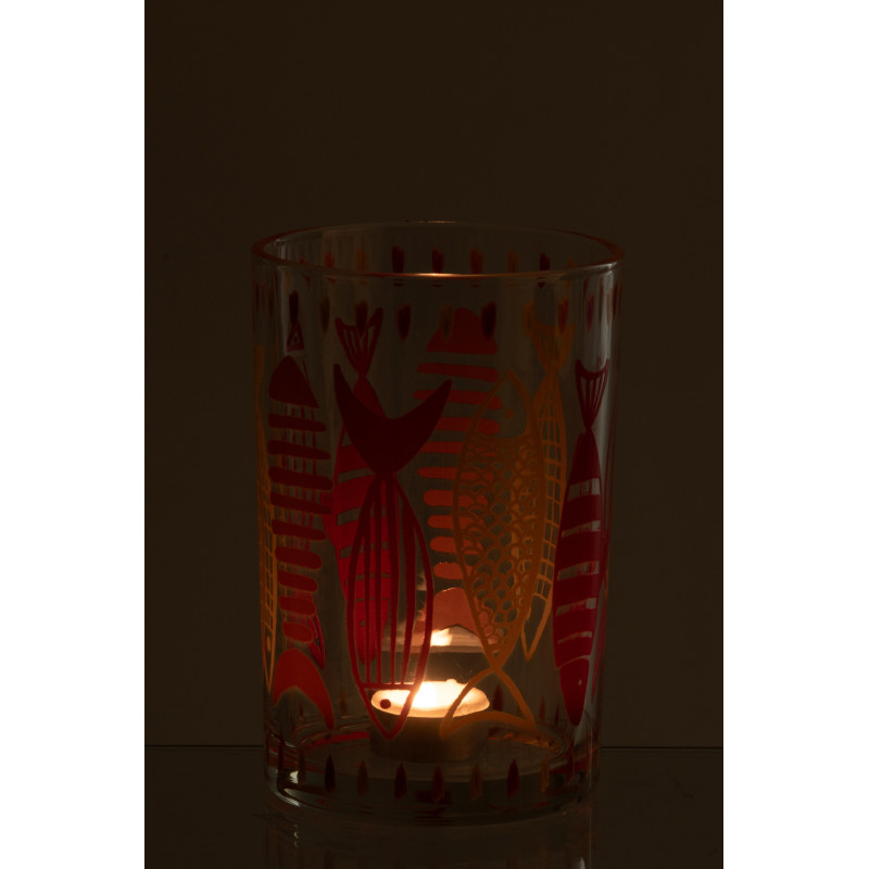 Grand Photophore bord de mer Verre Orange Rose Motif poissons Néréis 