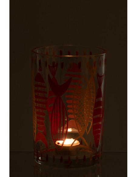 Grand Photophore bord de mer Verre Orange Rose Motif poissons Néréis 