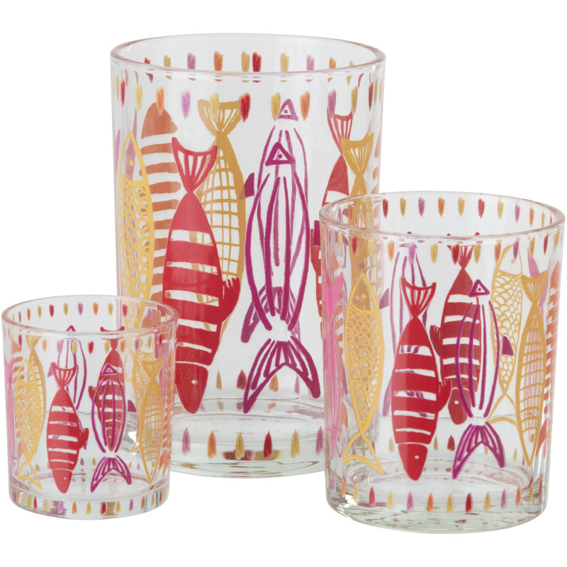 Grand Photophore bord de mer Verre Orange Rose Motif poissons Néréis 