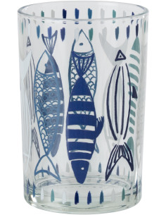 Grand Photophore bord de mer Verre Blanc Bleu Motif poissons Néréis 