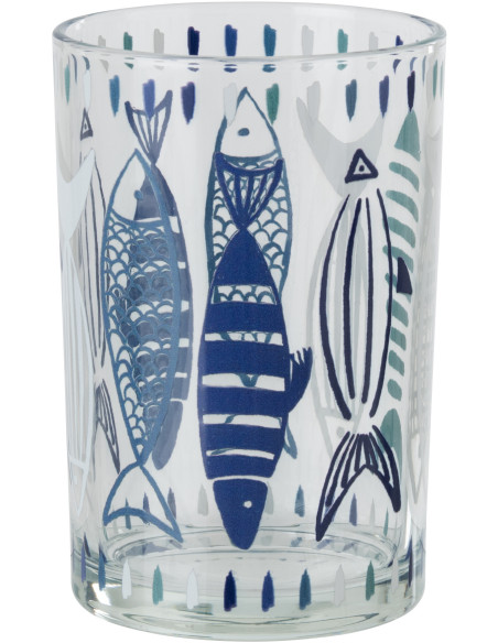 Grand Photophore bord de mer Verre Blanc Bleu Motif poissons Néréis 