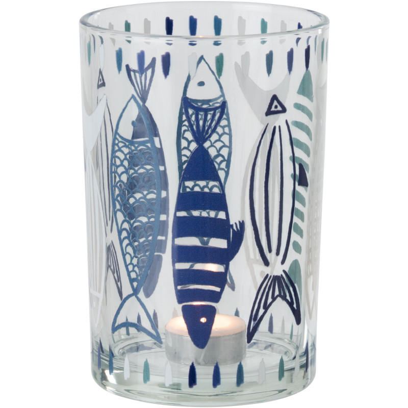 Grand Photophore bord de mer Verre Blanc Bleu Motif poissons Néréis 