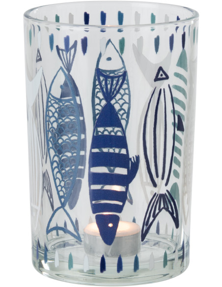 Grand Photophore bord de mer Verre Blanc Bleu Motif poissons Néréis 