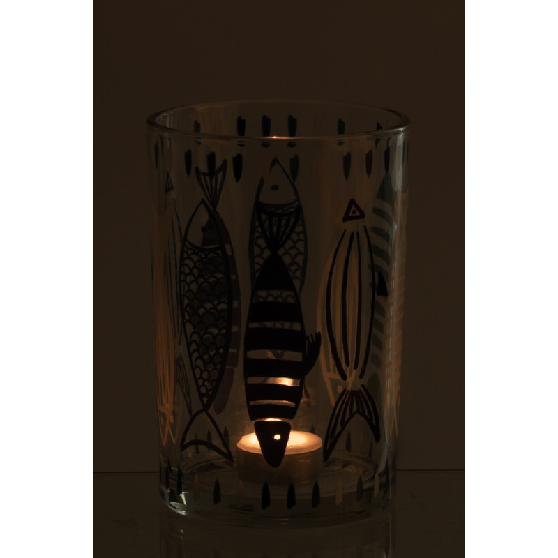 Grand Photophore bord de mer Verre Blanc Bleu Motif poissons Néréis 