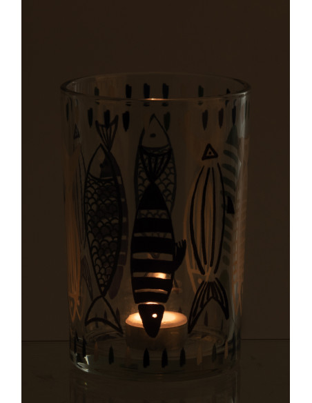 Grand Photophore bord de mer Verre Blanc Bleu Motif poissons Néréis 