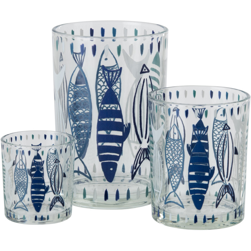 Grand Photophore bord de mer Verre Blanc Bleu Motif poissons Néréis 