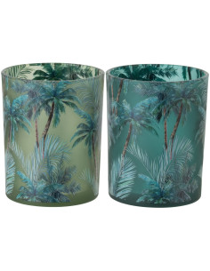 Lot de 2 Photophores style jungle Verre Vert Motif tropical Palmora 