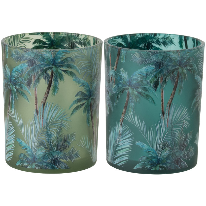 Lot de 2 Photophores style jungle Verre Vert Motif tropical Palmora 