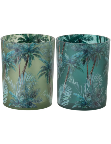 Lot de 2 Photophores style jungle Verre Vert Motif tropical Palmora 
