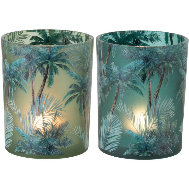 Lot de 2 Photophores style jungle Verre Vert Motif tropical Palmora 