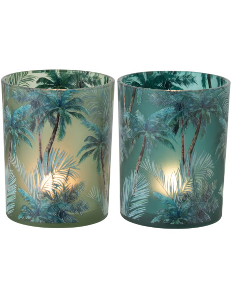 Lot de 2 Photophores style jungle Verre Vert Motif tropical Palmora 