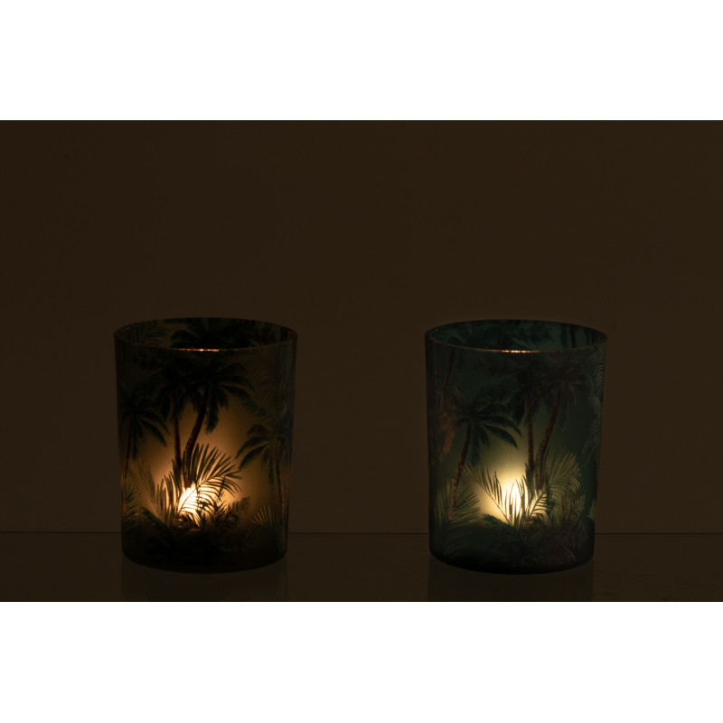 Lot de 2 Photophores style jungle Verre Vert Motif tropical Palmora 