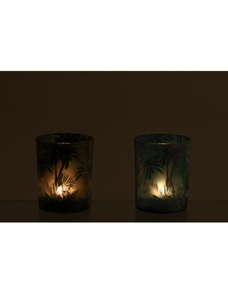 Lot de 2 Photophores style jungle Verre Vert Motif tropical Palmora 