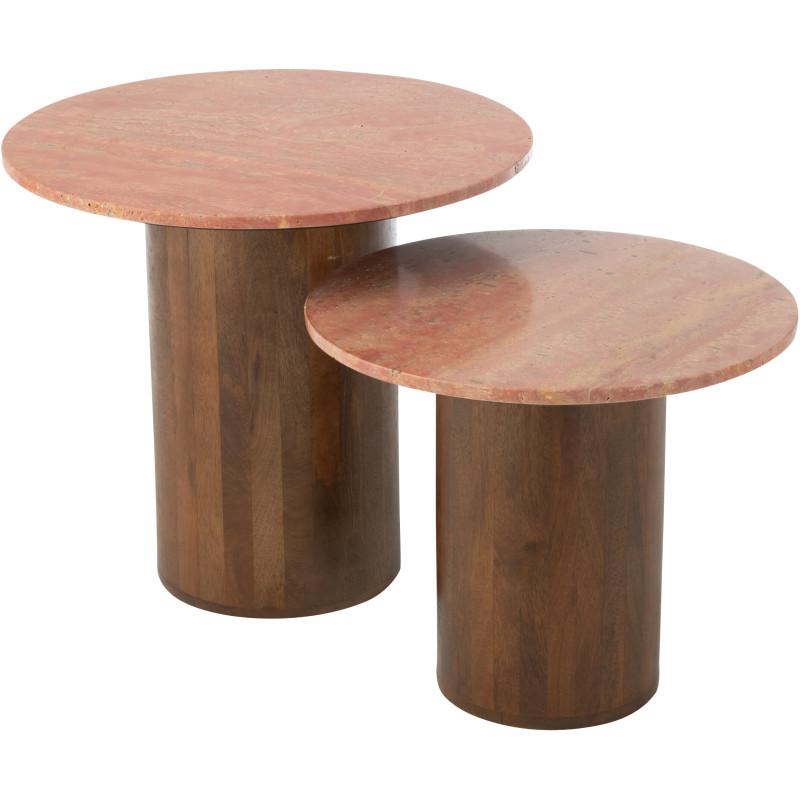 Lot de 2 Table d'appoint design chic Ronde Marbre Terracotta Bois de manguier Marron Monolya 
