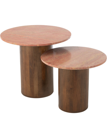 Lot de 2 Table d'appoint design chic Ronde Marbre Terracotta Bois de manguier Marron Monolya 