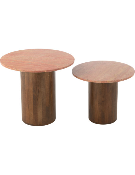 Lot de 2 Table d'appoint design chic Ronde Marbre Terracotta Bois de manguier Marron Monolya 
