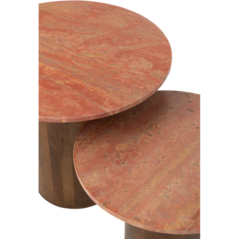 Lot de 2 Table d'appoint design chic Ronde Marbre Terracotta Bois de manguier Marron Monolya 