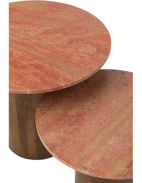 Lot de 2 Table d'appoint design chic Ronde Marbre Terracotta Bois de manguier Marron Monolya 