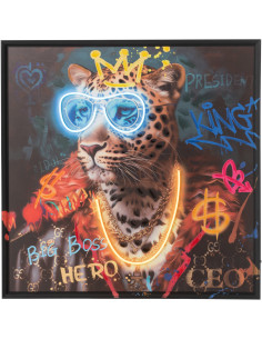 Toile murale peinte lumineuse design Léopard Boss Cadre en bois noir Néonyo 